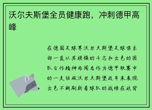沃尔夫斯堡全员健康跑，冲刺德甲高峰