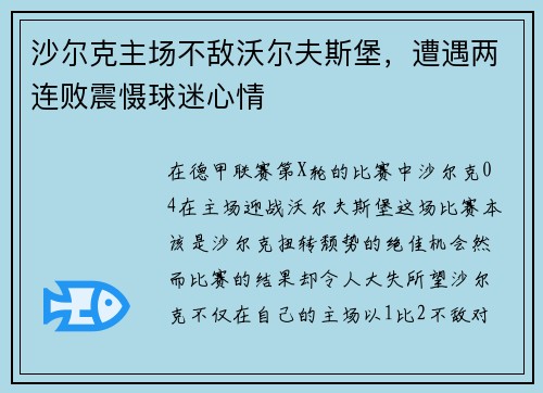 沙尔克主场不敌沃尔夫斯堡，遭遇两连败震慑球迷心情
