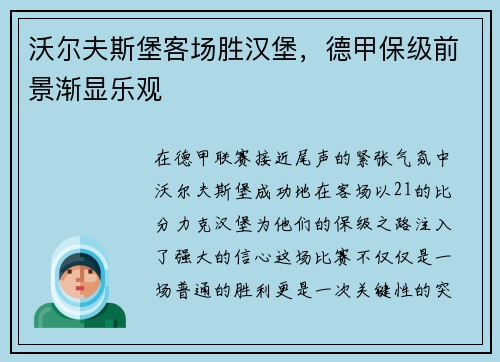 沃尔夫斯堡客场胜汉堡，德甲保级前景渐显乐观