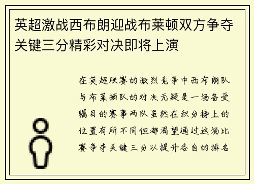 英超激战西布朗迎战布莱顿双方争夺关键三分精彩对决即将上演
