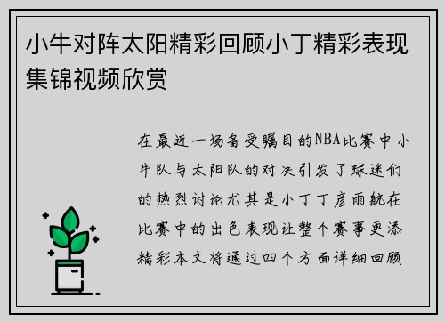 小牛对阵太阳精彩回顾小丁精彩表现集锦视频欣赏