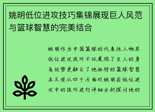 姚明低位进攻技巧集锦展现巨人风范与篮球智慧的完美结合